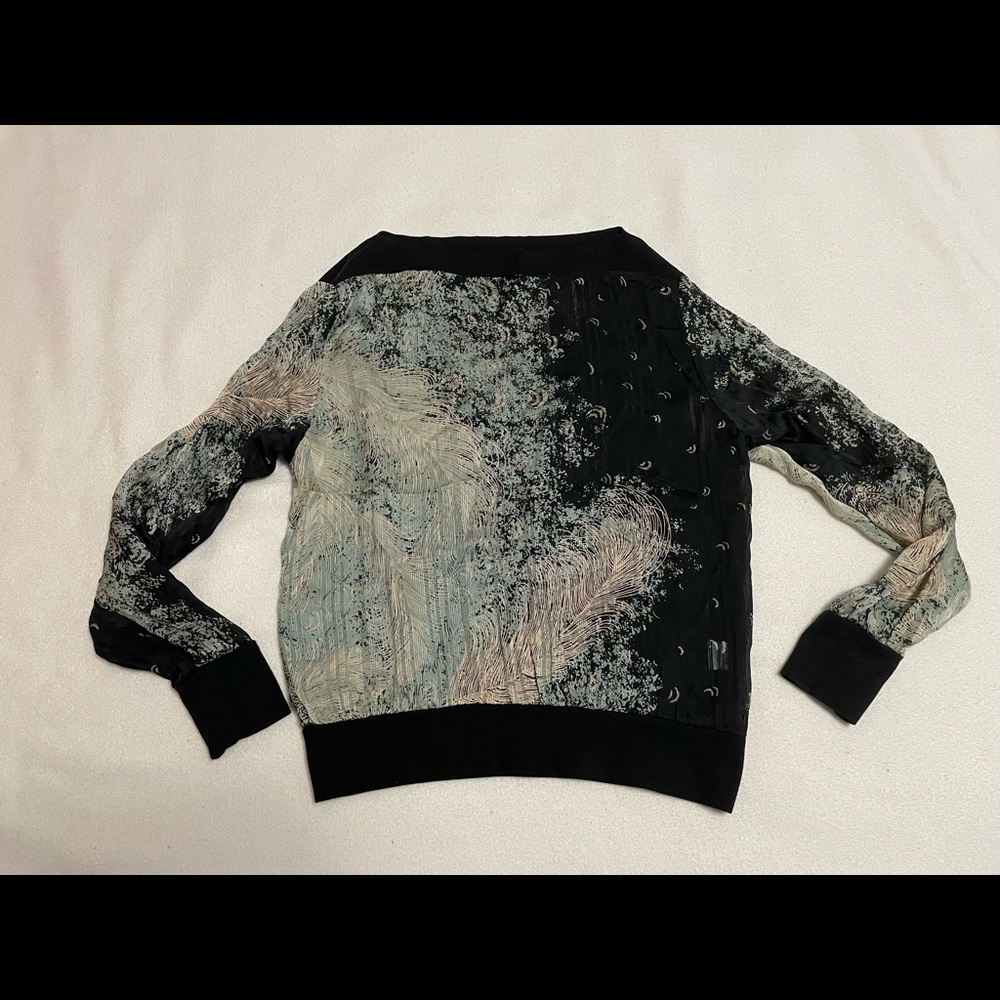 Twelfth Street black feather print design silk blouse (size medium)